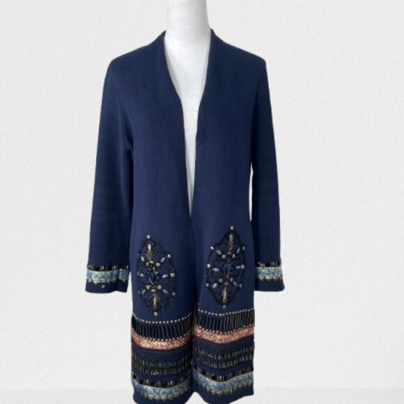 Chico’s Embellished Elektra Open Front Cardigan Size M Navy Blue - Picture 2 of 10